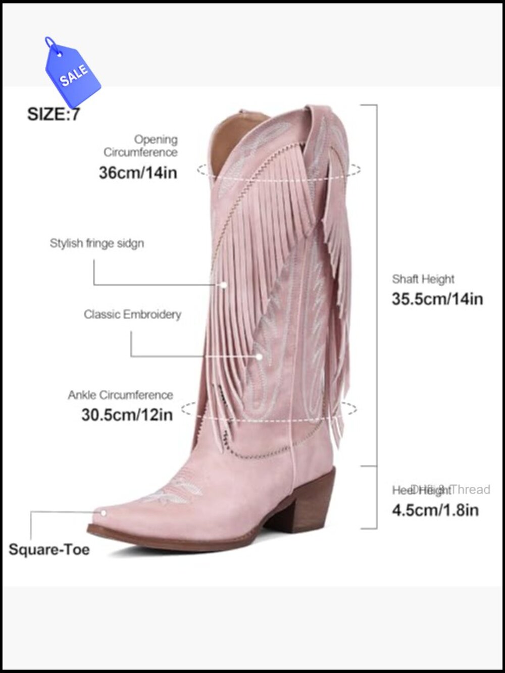 Women's Retro Cowgirl Boots Fringe Pointed Toe Block Heel Pull On Knee High - Picture 5 of 7